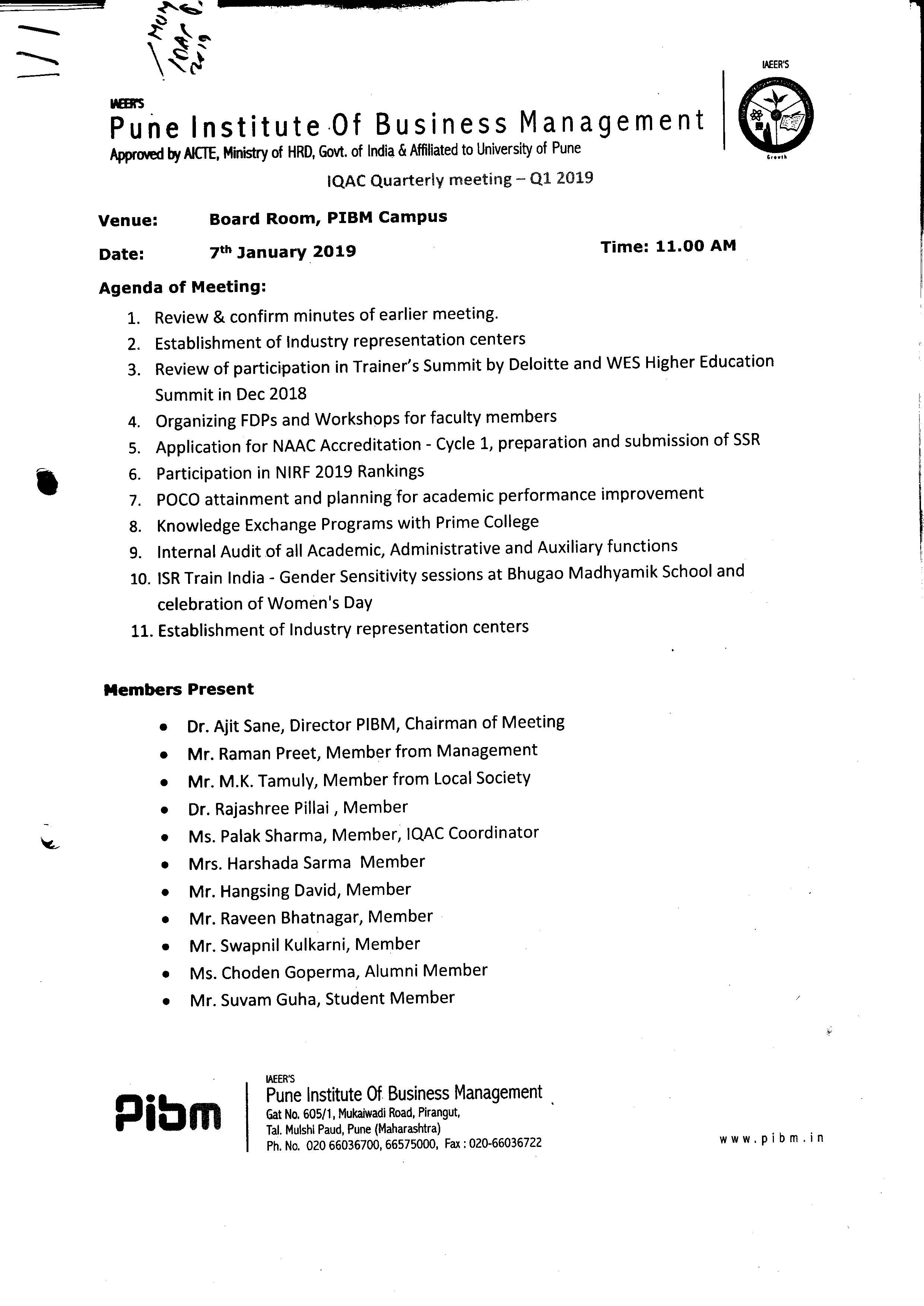 IQAC Quarterly Meeting Q1 7 Jan 2019